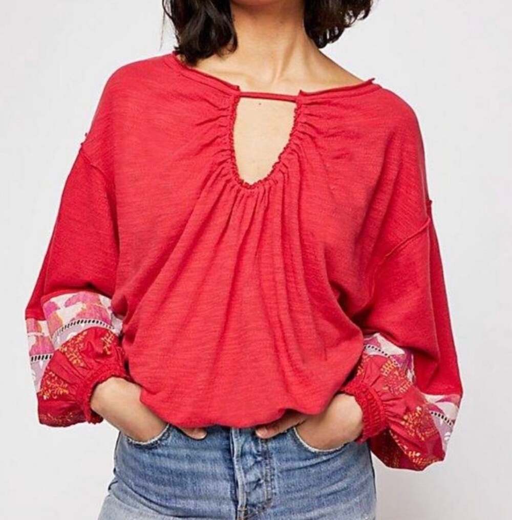 Free People Coral Red Balloon Sleeve Top Small Keyhole Cutout Peasant Cottage